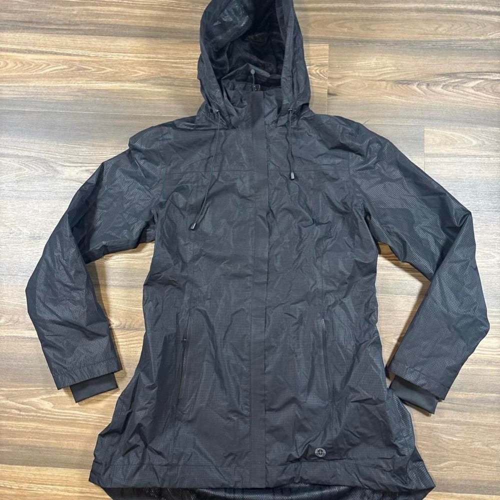 Black rain jacket with hood, size M